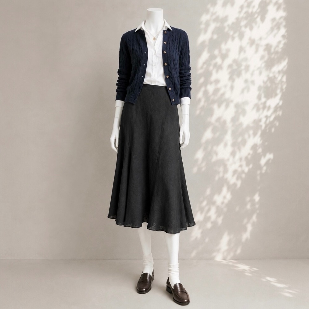 J Crew Gwyneth Linen Slip Skirt L Black Flounce Hem Midi A-Line Minimalist Midi